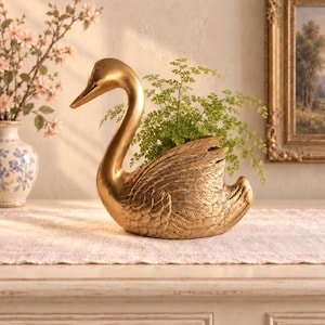 Vintage Large Brass Swan Planter | Feather Detail Cachepot |  Ornate Plant Pot | Hollywood Regency Decor