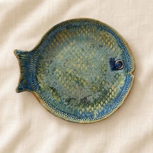 Vintage Studio Pottery Fish Dish | Signed Blue Green Ceramic Platter | Coastal Cottage Decor