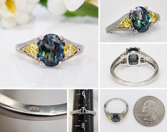 925 Sterling Silver Mystic Topaz Ring w/ Yellow Accent Stones Vintage Style