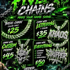 May include: A digital advertisement for custom chains featuring neon green text and graphics. The image displays four service tiers: Basic Chain, Chain with Lettering, Chain with Custom Pendant, and Chain with Everything, showcasing skull and text pendants.