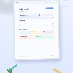 Puede incluir: Una plantilla de planificador de estudio diario digital en la pantalla de una tableta. La interfaz incluye secciones para el objetivo principal, nivel de energía, tareas, bloques de tiempo, Pomodoros realizados y logros del día.