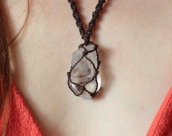 Raw Quartz Crystal Macrame Necklace: Boho Gemstone Pendant