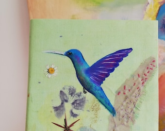 Hummingbird Fabric Journal, Hand-Painted, Eco Print, A5 Sketchbook