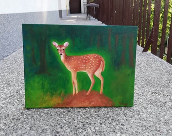 PATRONUS Roe deer Original painting, animal painting, acryl  30x 40 cm , for your home, forest green trees