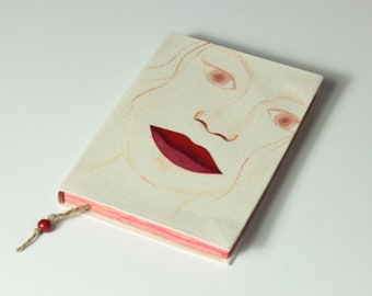 Red Lips Fabric Painted Journal - Notebook - Diary - Sketchbook - Travel Journal with colorful paper