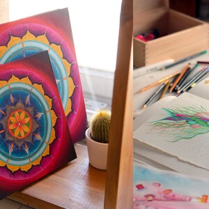 May include: Two square journals with colorful mandala designs on the covers. The journals are stacked on a wooden shelf with a small cactus plant in a white pot.