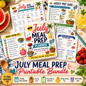 Op de afbeelding: Een printbare maaltijdvoorbereidingsbundel voor juli met een maaltijdkalender, wekelijkse voorbereidingsgids, bespaartips en boodschappenlijstjes. De omslag toont de tekst July Meal Prep Planner met illustraties van een zon, watermeloen en palmboom.