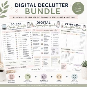 Könnte beinhalten: Ein digitales Aufräum-Set bestehend aus drei druckbaren Dokumenten: einer 30-Tage-Digital-Challenge, einem Leitfaden zur digitalen Organisation sowie einem Tracker für Passwörter und Abonnements mit Checklisten und Tabellen.