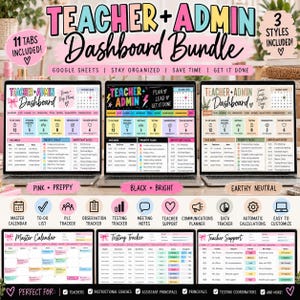 Paquete de panel de administración para docentes, planificador de Google Sheets, organizador para administradores escolares, asesor pedagógico, rastreador de pruebas PLC