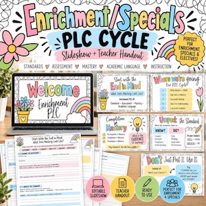 Pode incluir: Um recurso educacional digital intitulado Enrichment/Specials PLC Cycle, incluindo um portátil com um slide de boas-vindas, vários slides de instrução e um folheto para o professor com texto colorido, uma flor e um gráfico de arco-íris.