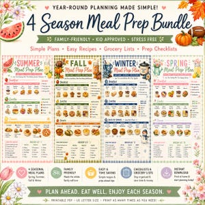 Könnte beinhalten: Ein druckbares 4 Season Meal Prep Bundle Dokument mit vier verschiedenen Essensplanungs-Tabellen für Sommer, Herbst, Winter und Frühling. Jeder Abschnitt enthält Frühstücks-, Mittags- und Abendmenüs, Einkaufslisten und Checklisten mit saisonalen Illustrationen.