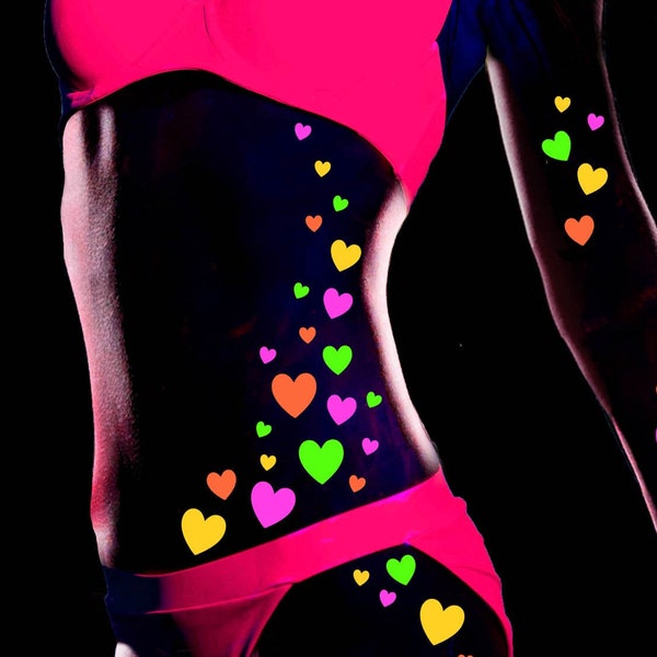 Blacklight Heart Body Stickers, Neon Festival Wear, Rave Glow Costume, Sexy Stripper Tattoo Sticker