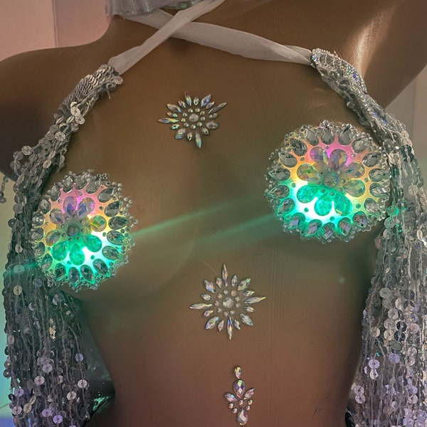 Glow Jeweled Pasties-  Rhinestone Nipple Covers, Crystal Rave Sticker, Festival Outfit