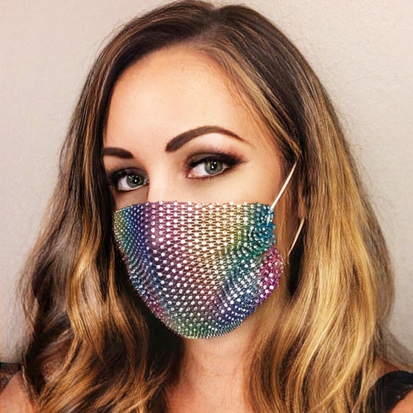 Gesichtsmaske Strass Regenbogen Netzmaske Abdeckung für Raves und Festivals, Wiederverwendbare Maskenhülle, Bling