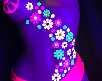 Blacklight Daisy Body Stickers - EDC Costume - Neon Daisy's - Blacklight Glow Party - Rave Outfit