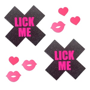 Glitz Nips Lick Me Neon X Pasties, Valentinstag Geschenk, Blacklight Reflektierende Rave Pasties, Rosa Herz, Kiss Body Sticker