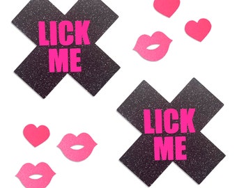 Glitz Nips Lick Me Neon X Pasties, Valentines Gift, Blacklight Reflective Rave Pasties, Pink Heart, Kiss Body Stickers
