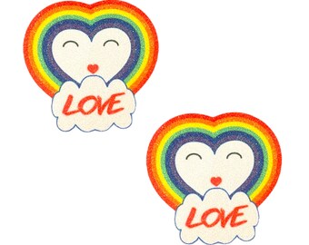 Rainbow Heart Love Clouds Glitz Nips Nipple Covers for Pride, Festivals and Raves