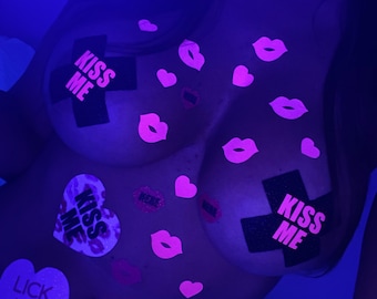 Glitz Nips Kiss Me Neon X Pasties, Valentines Gift, Blacklight Reflective Rave Pasties, Pink Heart, Kiss Body Stickers