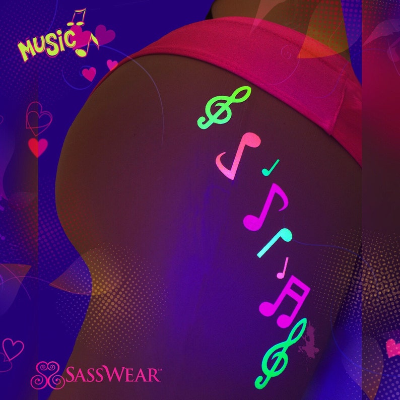 Music Notes Neon Glow Body Stickers Blacklight Glitter Body Stickers Neon Body Art DJ Stripper Ravewear Face Jewels image 1