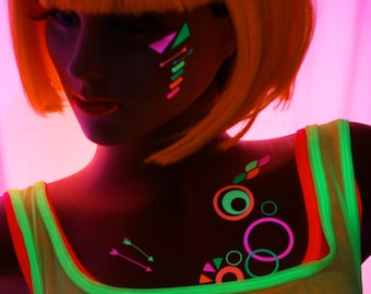 Tribal Neon Glow Body and Face Stickers, Neon, Glow Party, UV Black Light, Reusable, Rave Wear
