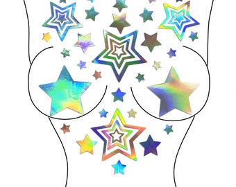 Silver Holographic Star Pasties Body Stickers Set for Raves, Festivals, Parties