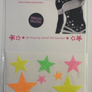 Neon glow star glitter stickers packaged in a clear bag with a white product card.