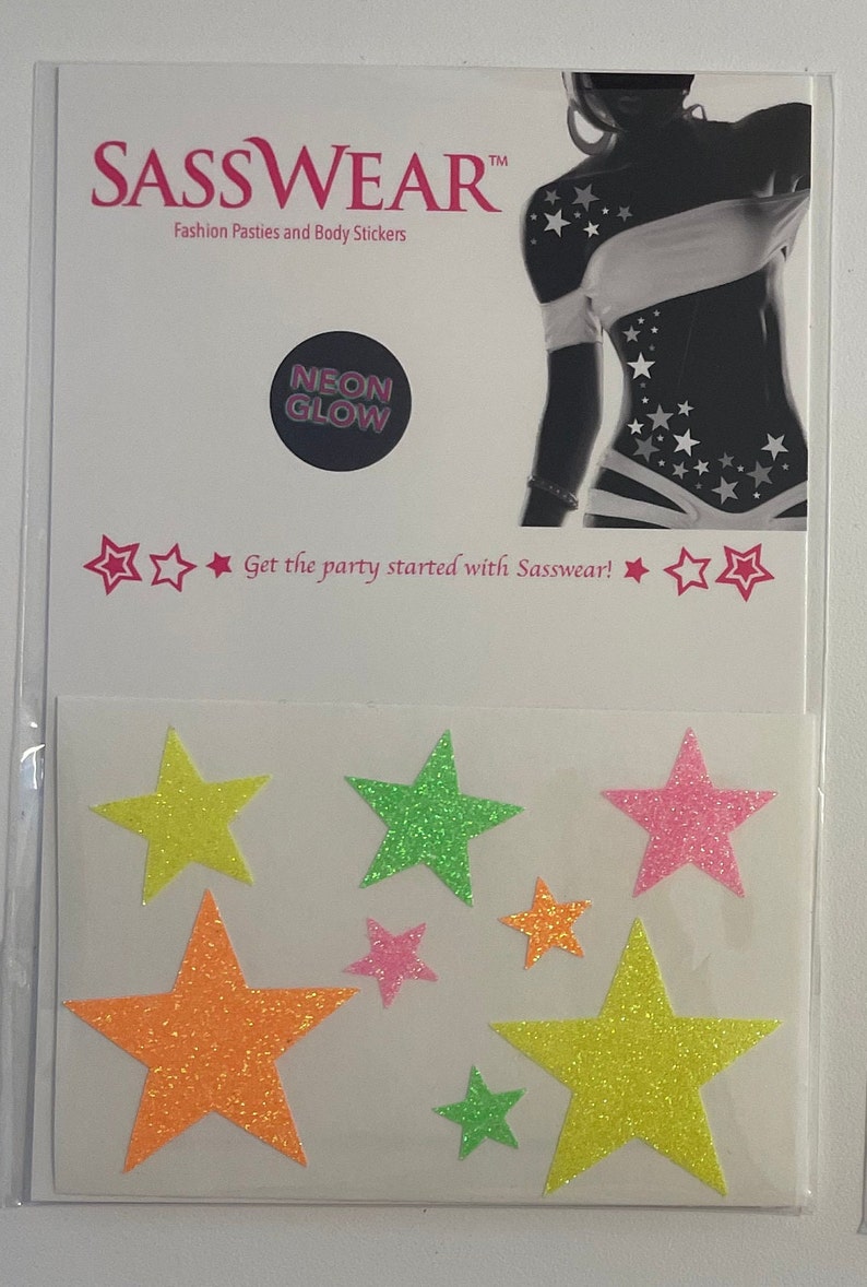 Neon glow star glitter stickers packaged in a clear bag with a white product card.