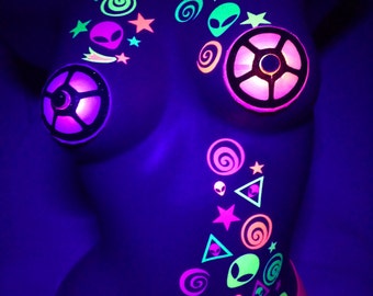 Blacklight Alien Space Body Stickers- Rave Accessories, Neon Alien, Stripper clothes, Rave Stickers, Reusable