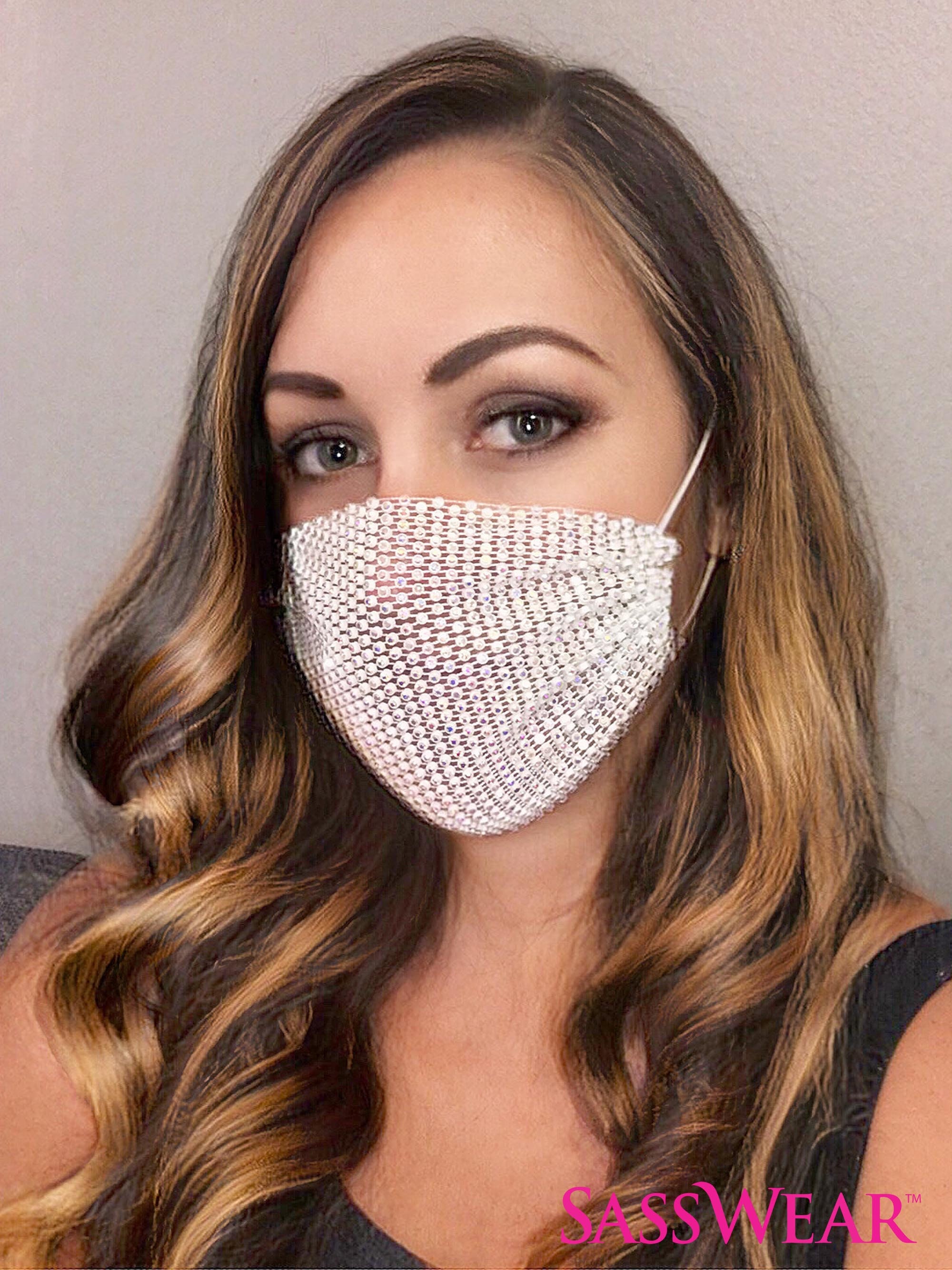 Face Mask Rhinestone White Mesh Mask Cover for Raves and Festivals,  Reusable Mask Cover, Bling