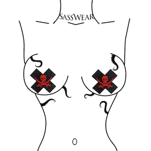 Pirate Pasties Red Glitter X Shape, Black Skull and Crossbones, Festival Nipple Covers with Tentacle Body Stickers