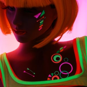 Spiralen und Kreise Neon Glow Körper und Gesichts Aufkleber, Neon, Glow Party, UV Schwarzlicht, wiederverwendbar, Rave Wear, Glow Stickers