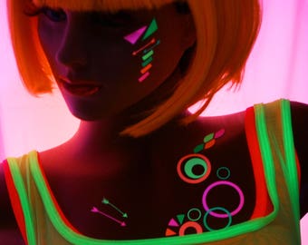 Spirals and Circles Neon Glow Body and Face Stickers, Neon, Glow Party, UV Black Light, Reusable, Rave Wear, Glow Stickers