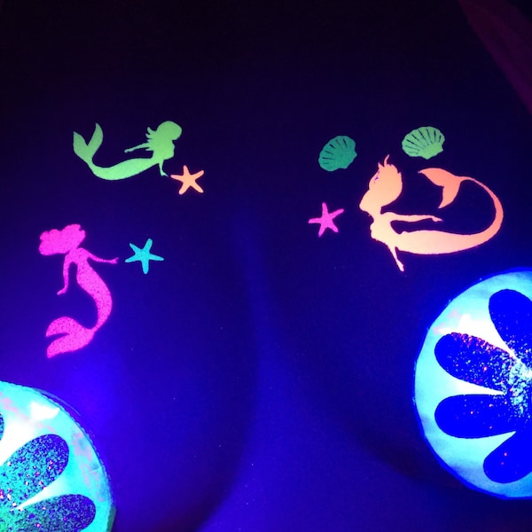 Mermaid Neon Glow Body Art Stickers- Neon mermaids, UV Black Light, Reusable, Glitter Tattoo, Glow Costume, Stripper Clothes, Rave