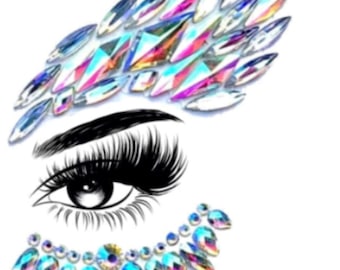 Crystal Raven Irisierende Juwelen Gesicht Aufkleber, Festival Outfit, wiederverwendbare Kristalle