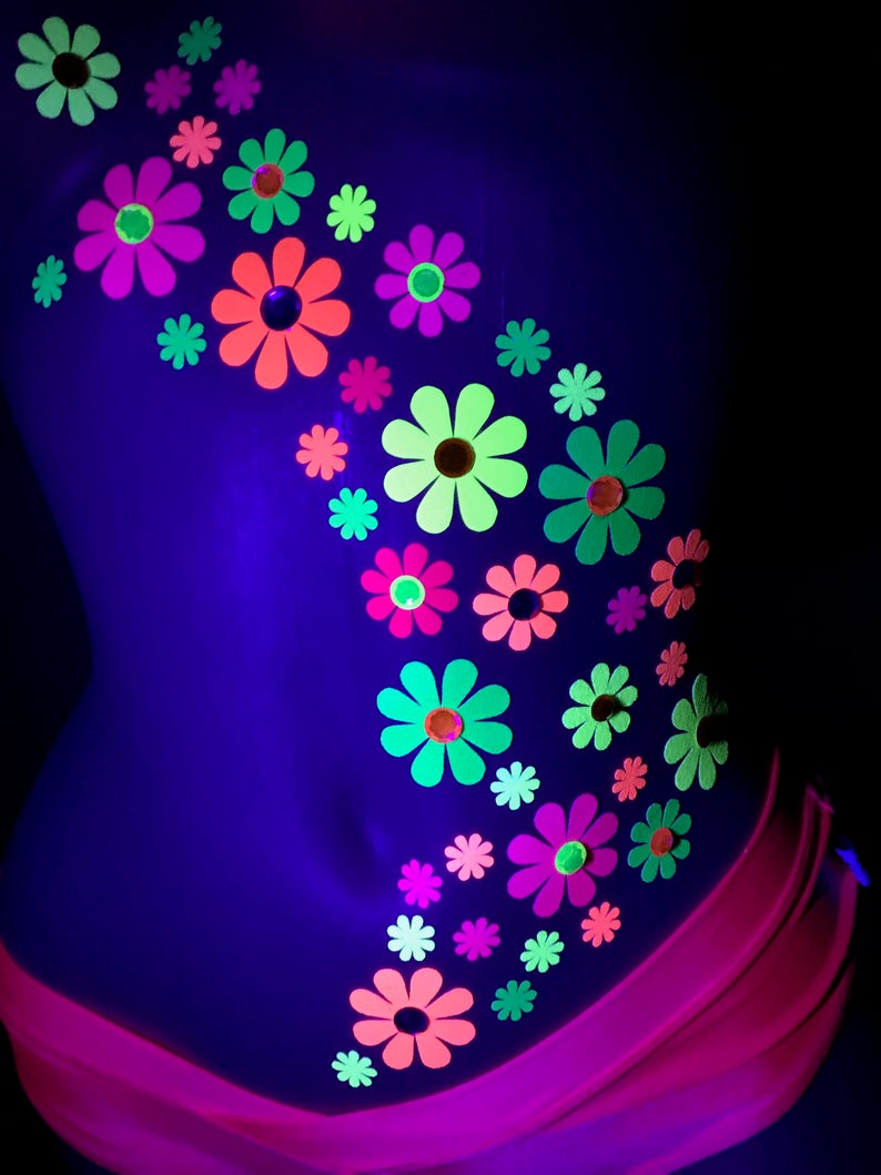 Blacklight Daisy Body Stickers - EDC Costume - Neon Daisy's - Blacklight Glow Party - Rave Outfit image 3