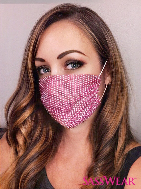 Face Mask Rhinestone Pink Mesh Mask Cover for Raves and Festivals, Reusable  Mask Cover, Bling 