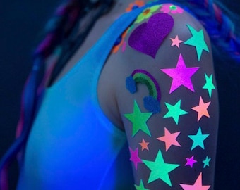 Star Glow Body Art Stickers- Neon Stars, UV Black Light, Reusable, Star Tattoo, Glow Costume, Stripper Clothes, Rave Wear