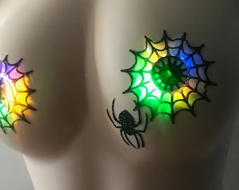 Lit Nips Glow Pasties: Black Widow Spider Web Nipple Covers, Stickers by Sasswear