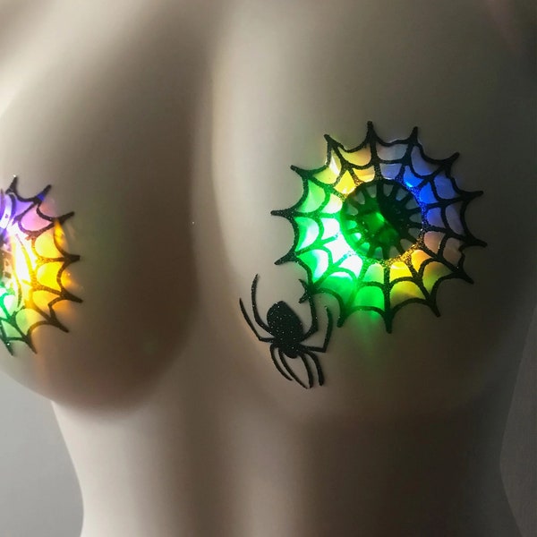 Lit Nips Glow Pasties: Black Widow Spider Web Nipple Covers, Stickers by Sasswear