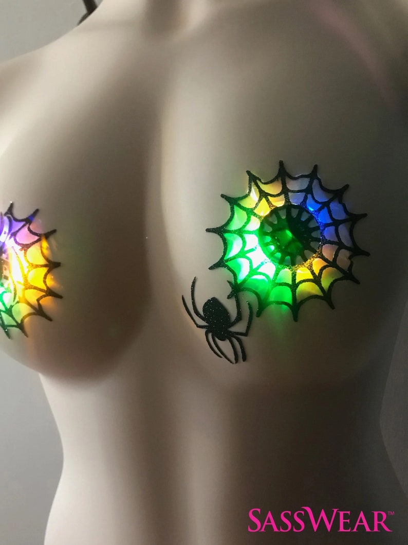 Lit Nips Glow Pasties: Black Widow Spider Web Nipple Covers, Stickers by Sasswear image 1