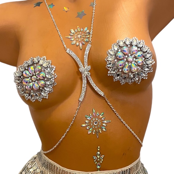 Jeweled Pasties-sunflower Rhinestone Nipple Covers, Crystal Rave Sticker,  Festival Outfit 