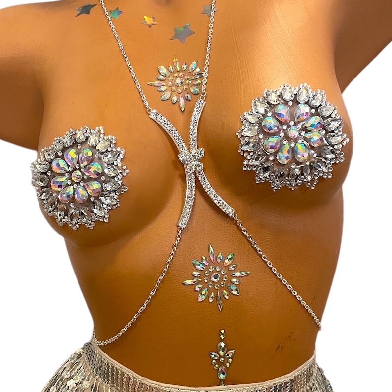 1PC Women's Rhinestone Decorative Nipple Pasties Sexy Choker Collar Body Chain Silicone Self-Adhesive Reusable Nipple Cover Stickers, Rave