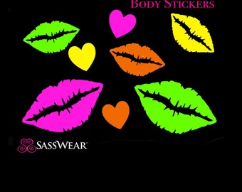 Lip Kisses Neon Glow Body Stickers - Glow Party - Lips Nipple Sticker - Sexy Costume - Neon Kisses