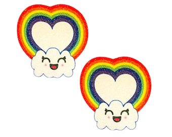 Rainbow Heart Kawaii Clouds Glitz Nips Nipple Covers for Pride, Festivals and Raves