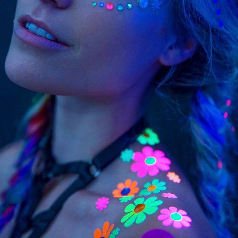 Blacklight Daisy Body Stickers - EDC Costume - Neon Daisy's - Blacklight Glow Party - Rave Outfit image 5