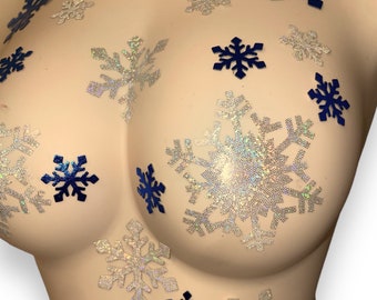 Adesivi per il corpo con fiocchi di neve scintillanti, argento e blu metallizzato per rave invernali, festival