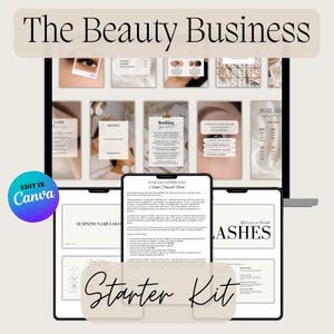 May include: A digital marketing template set for a beauty business, featuring social media post layouts, client consent forms, and aftercare guides. The design uses a neutral beige color palette with black text and includes an Edit in Canva button.