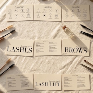 Könnte beinhalten: Ein Set aus neun beigen Informationskarten zur Wimpern- und Augenbrauenpflege mit schwarzem Text und Symbolen. Das Set enthält Anleitungen für Wimpern, Augenbrauen und Wimpernlifting sowie mehrere Wimpernbürstchen, Pinzetten und ein Glasfläschchen.