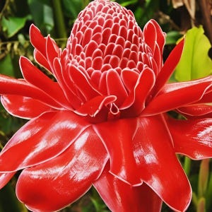 Puede incluir: Una vibrante flor de jengibre antorcha roja con una cabeza central en forma de cono compuesta por brácteas superpuestas y apretadas. La flor está rodeada por grandes pétalos cerosos de color rojo brillante con bordes blancos distintos, creando una estructura en capas.